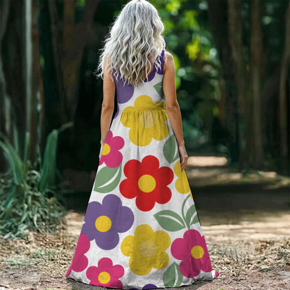Retro Daisy Maxi Dress — Colorful 60s Flower Print on White