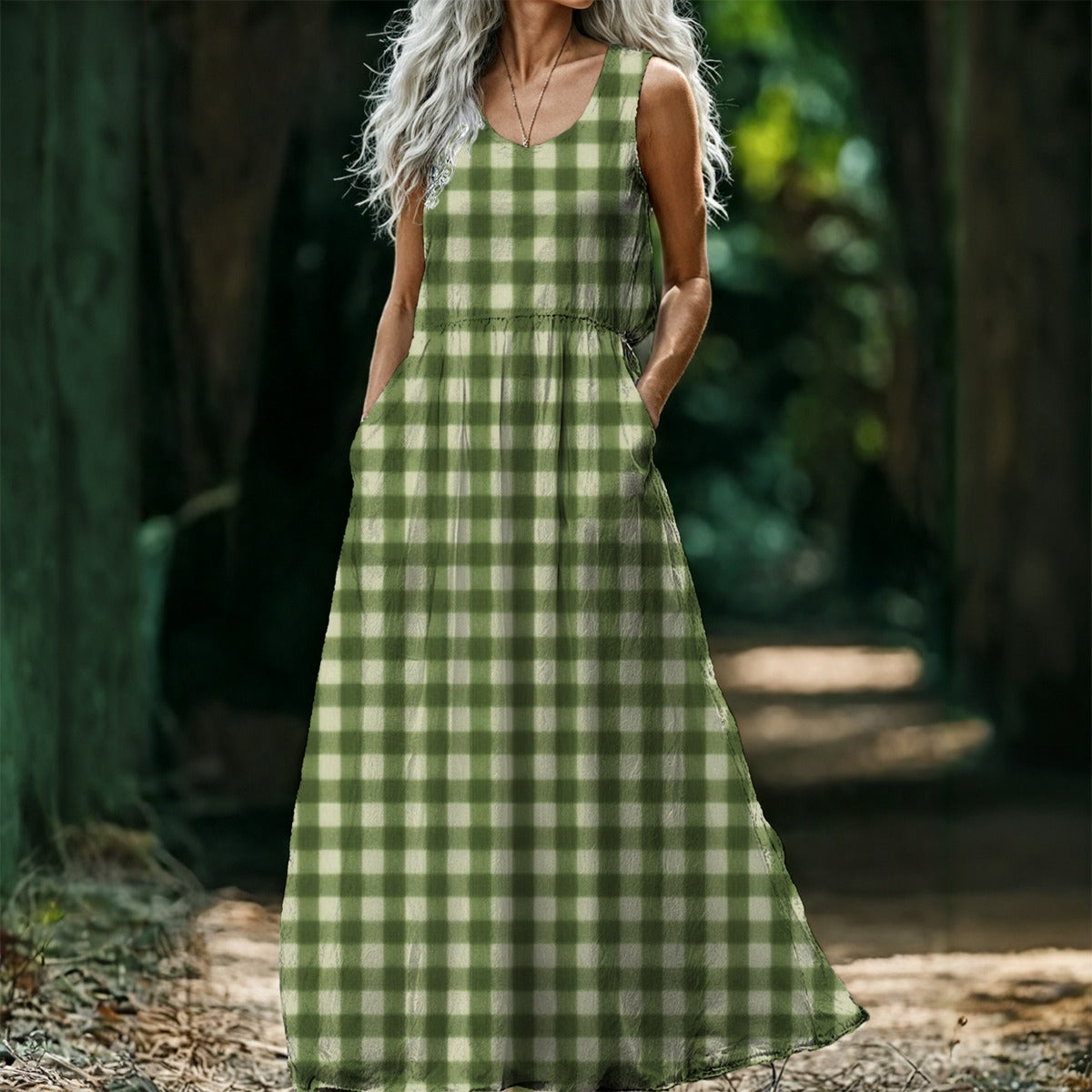 Sage Green Gingham Women's Sleeveless Maxi Dress | Retro Plaid Cottagecore Print