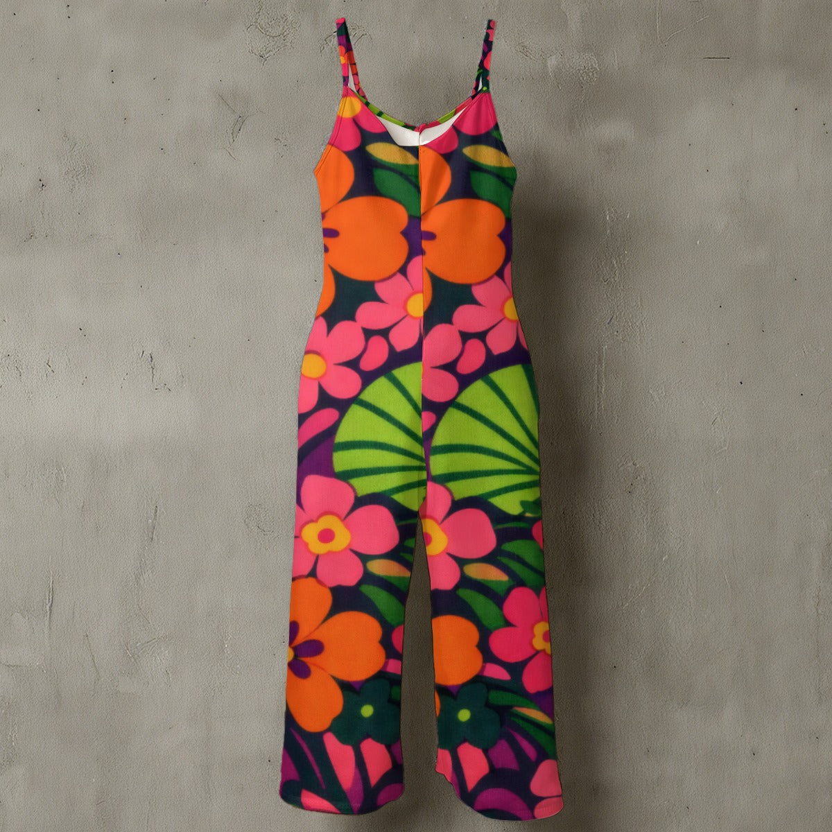 70s Flower Power Wide-Leg Jumpsuit — Bold Orange Pink Floral Spaghetti Strap