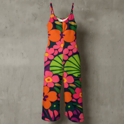70s Flower Power Wide-Leg Jumpsuit — Bold Orange Pink Floral Spaghetti Strap