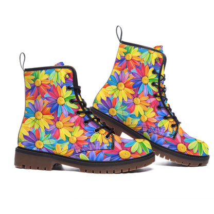 Rainbow Sunflower Burst Men's Martin Short Boots | Colorful Daisy Floral Print