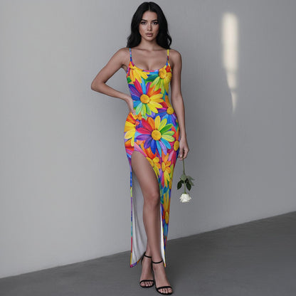 Rainbow Sunflower Burst Women's Long Dress with Slit | Colorful Daisy Bodycon Maxi