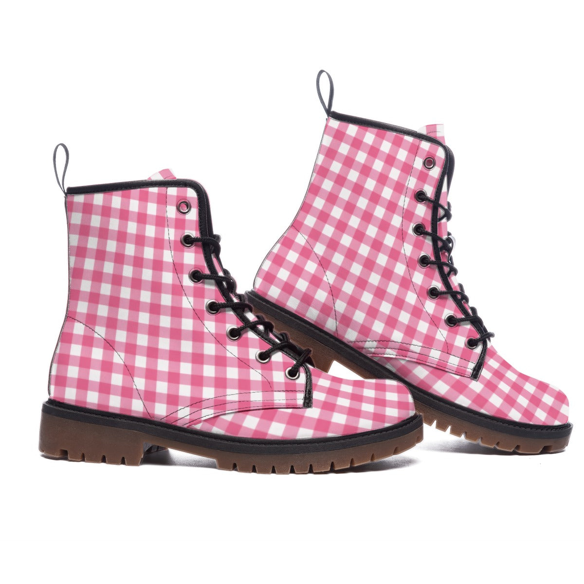 Pink Gingham Check Men's Martin Short Boots | Retro Barbie Plaid Print