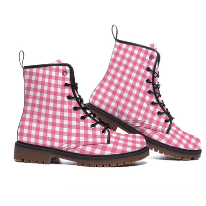 Pink Gingham Check Men's Martin Short Boots | Retro Barbie Plaid Print