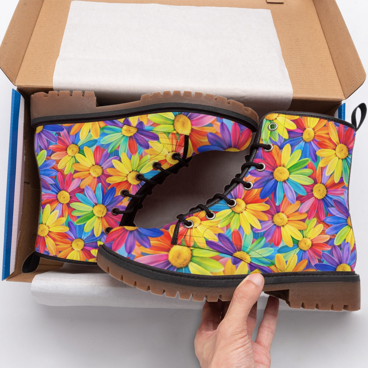 Rainbow Sunflower Burst Men's Martin Short Boots | Colorful Daisy Floral Print