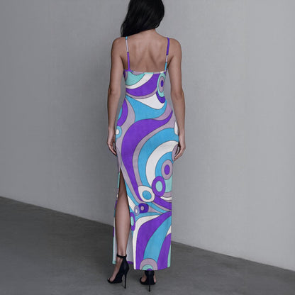 Retro Wave Swirl Women's Long Dress with Slit | 60s Mod Purple Turquoise Geometric Bodycon Maxi