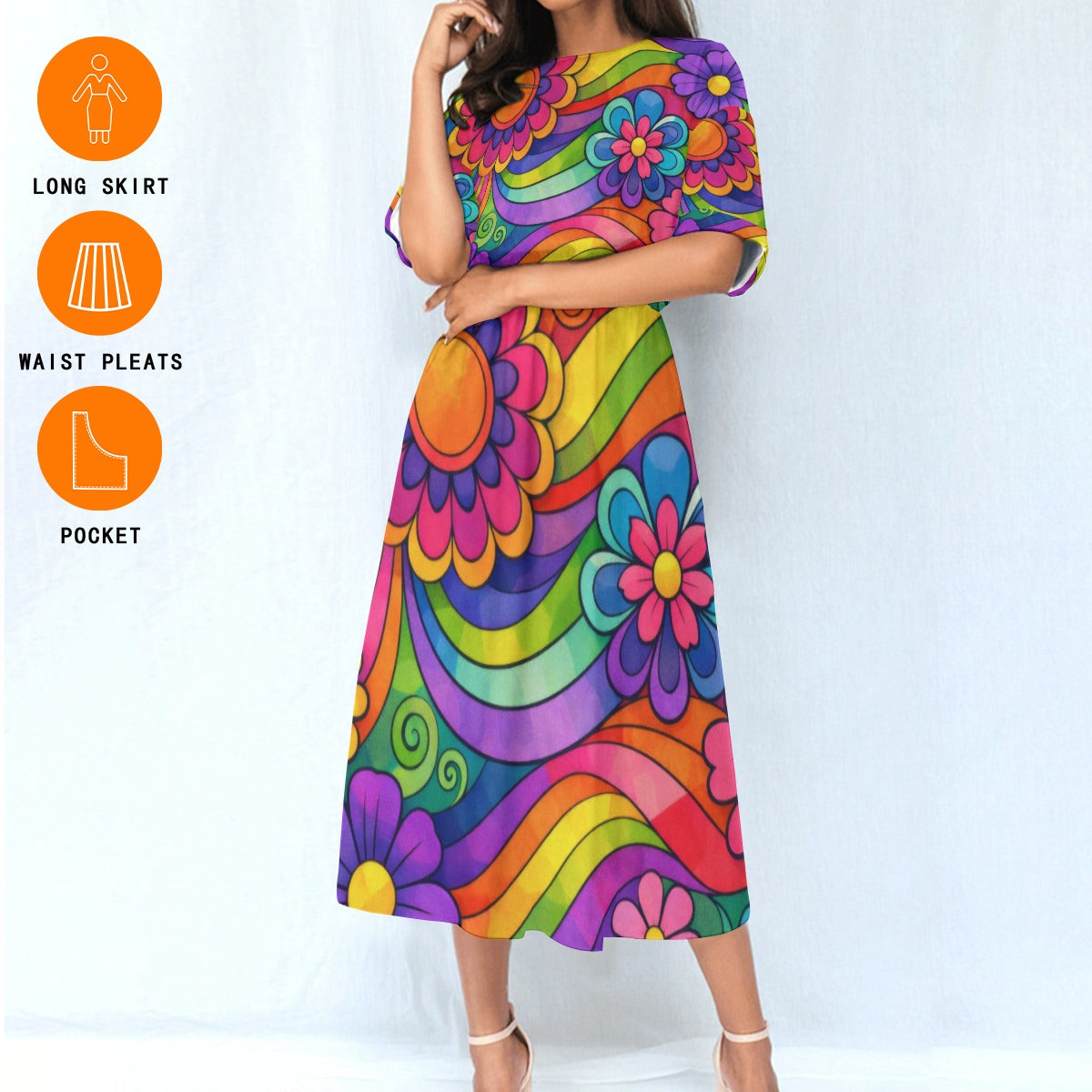 Rainbow Wave Flower Power Women's Elastic Waist Dress | 70s Psychedelic Groovy Print
