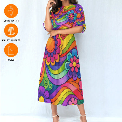Rainbow Wave Flower Power Women's Elastic Waist Dress | 70s Psychedelic Groovy Print