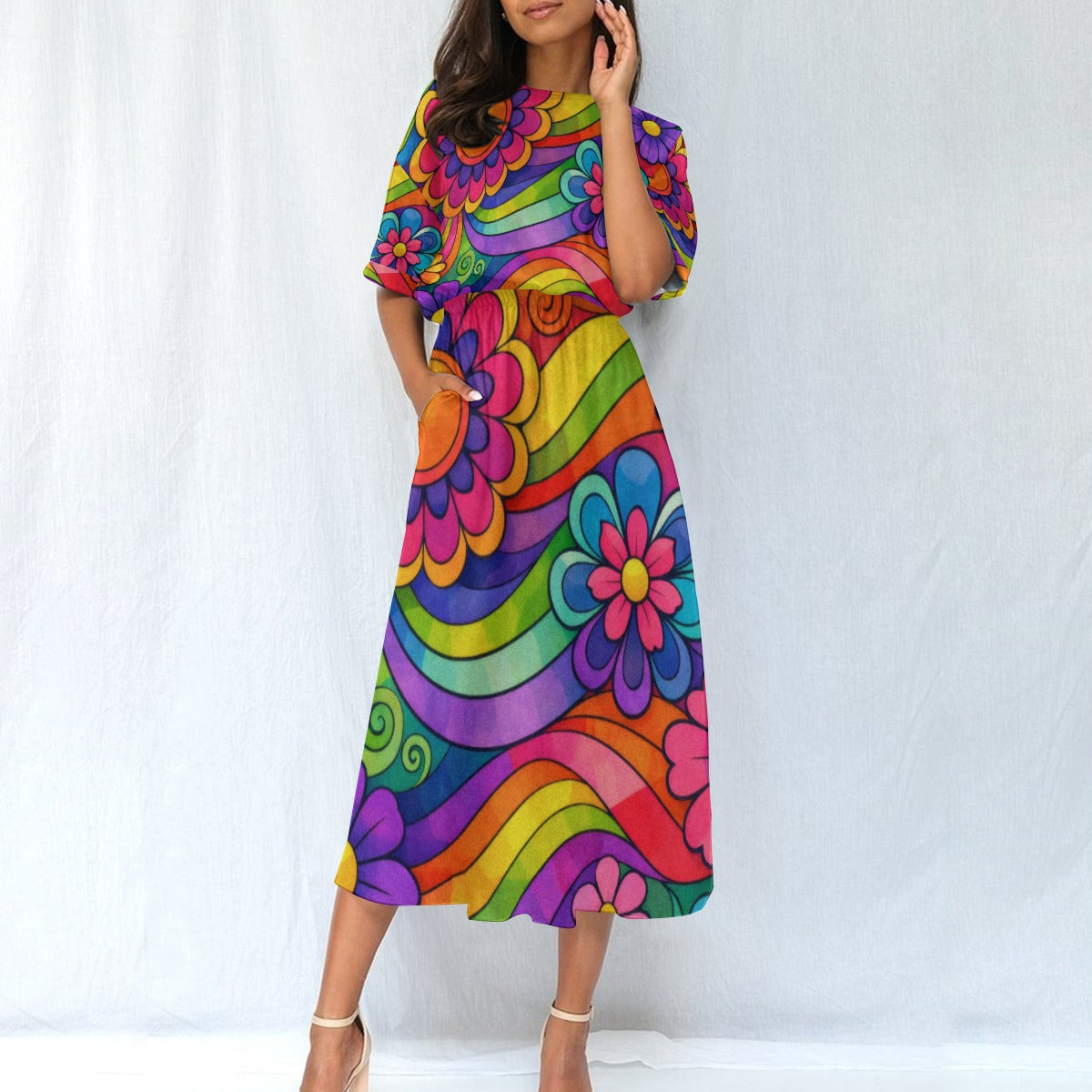 Rainbow Wave Flower Power Women's Elastic Waist Dress | 70s Psychedelic Groovy Print