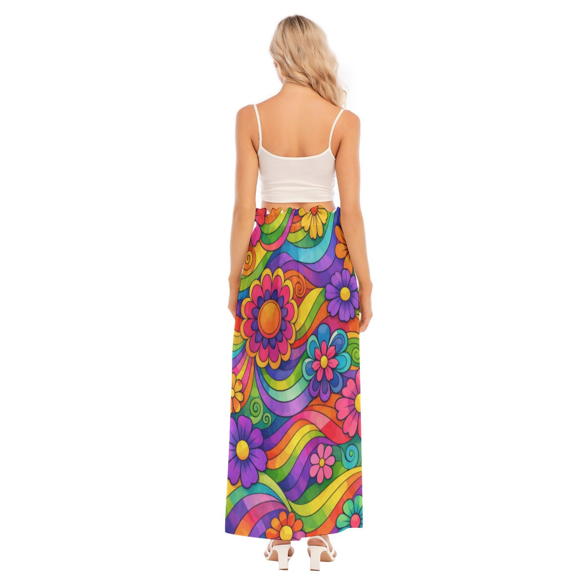 70s Rainbow Flower Power Women's Side Split Skirt | All-Over Print