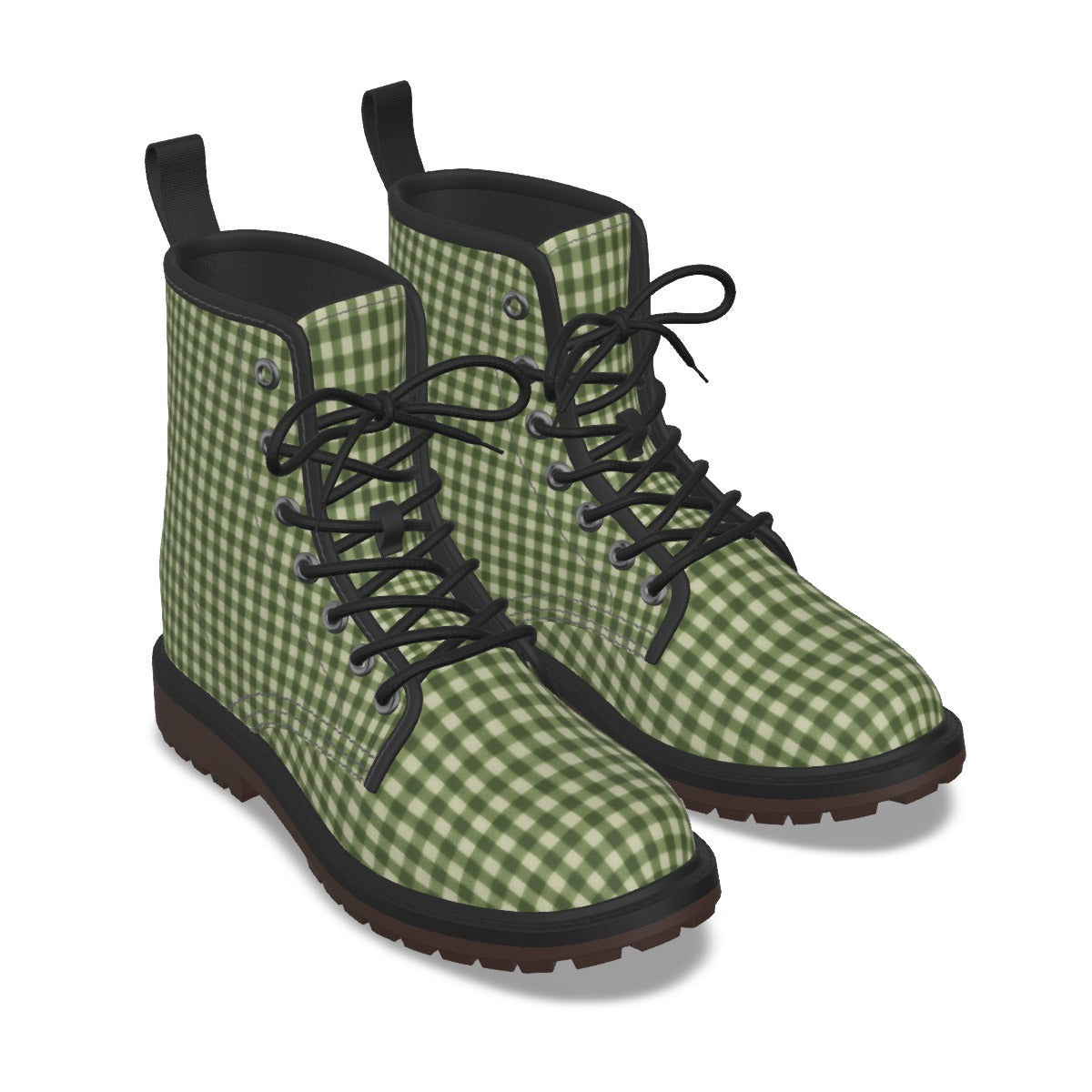 A pair of lace-up ankle boots with a green and white gingham check pattern, black laces, and black soles, shown on a white background.