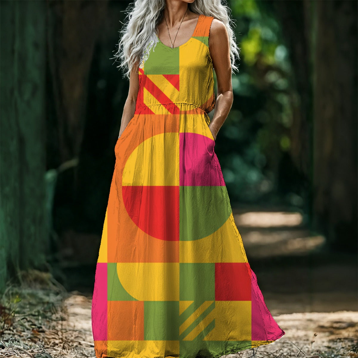 Retro Bauhaus Geometric Maxi Dress — Yellow Pink Red Green Circles