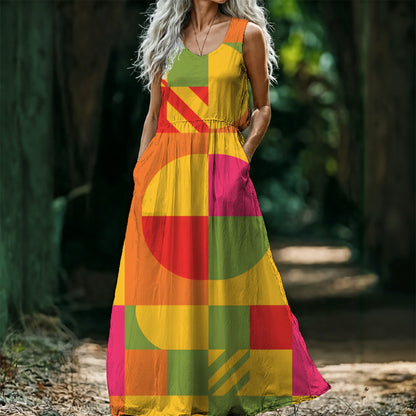 Retro Bauhaus Geometric Maxi Dress — Yellow Pink Red Green Circles