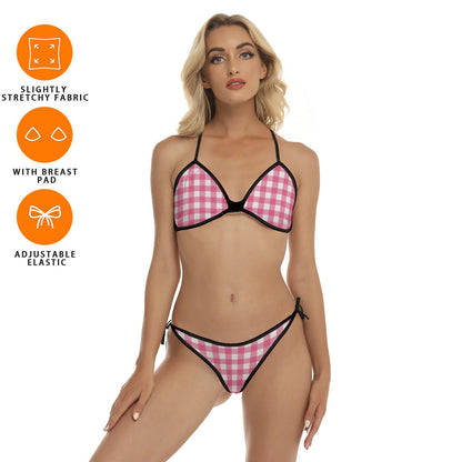 60s Pink Gingham Triangle Bikini Set — Halter Top & Tie Side Bottom