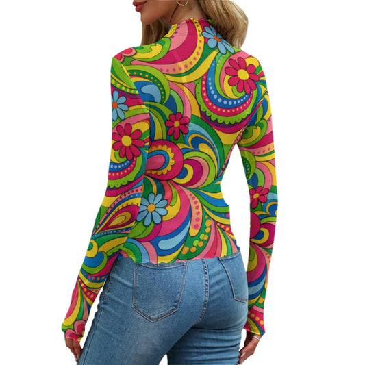 Psychedelic Swirl Flower Women's Mesh T-Shirt | All-Over Print Long Sleeve