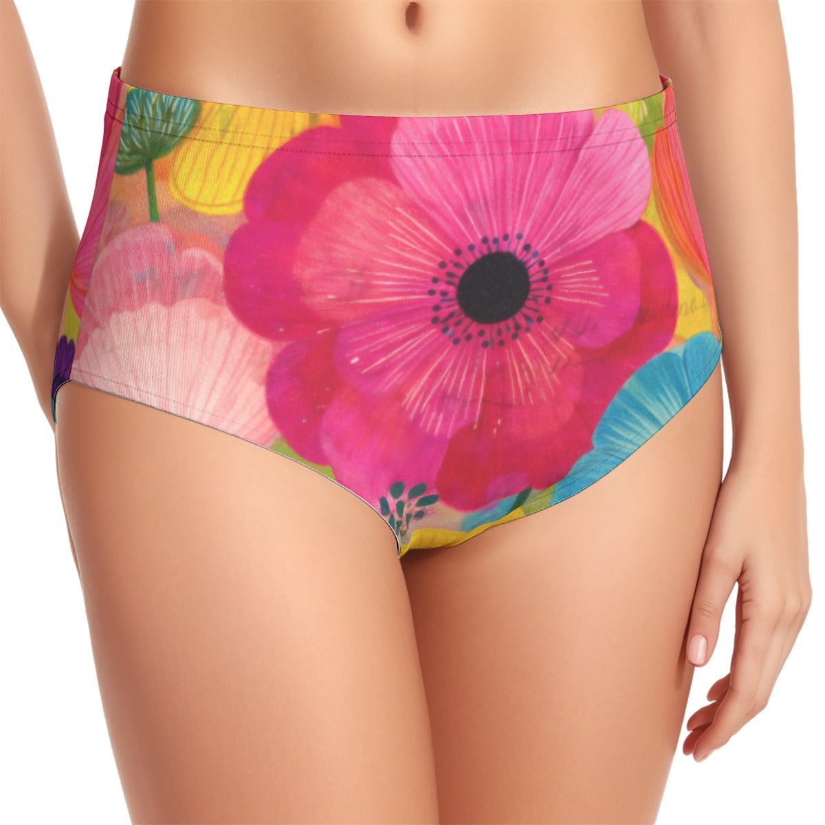 60s Bold Anemone High-Waist Halter Bikini Set — Pink & Blue Floral Pin-Up