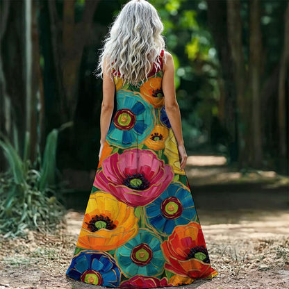 Painterly Poppy Maxi Dress — Bold Oil Art Floral Pink Blue Orange