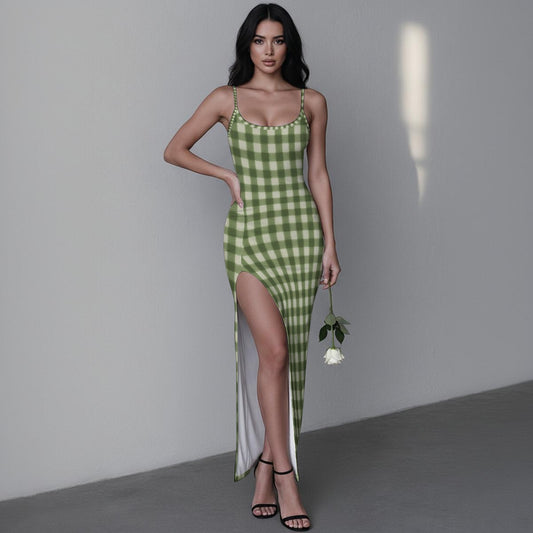 Sage Green Gingham Women's Long Dress with Slit | Retro Plaid Bodycon Maxi Dress