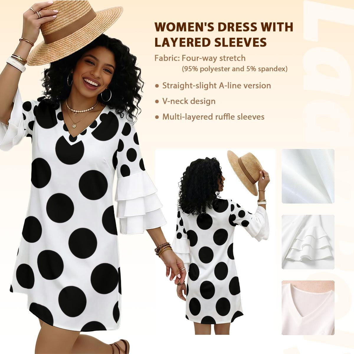 Black Polka Dot Ruffle Sleeve Dress — White Oversized Dots V-Neck