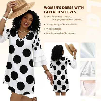 Black Polka Dot Ruffle Sleeve Dress — White Oversized Dots V-Neck