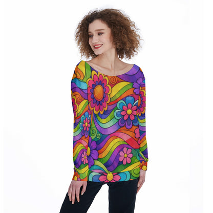 Groovy 70s Flower Power Rainbow Off-Shoulder Sweatshirt | All-Over Print
