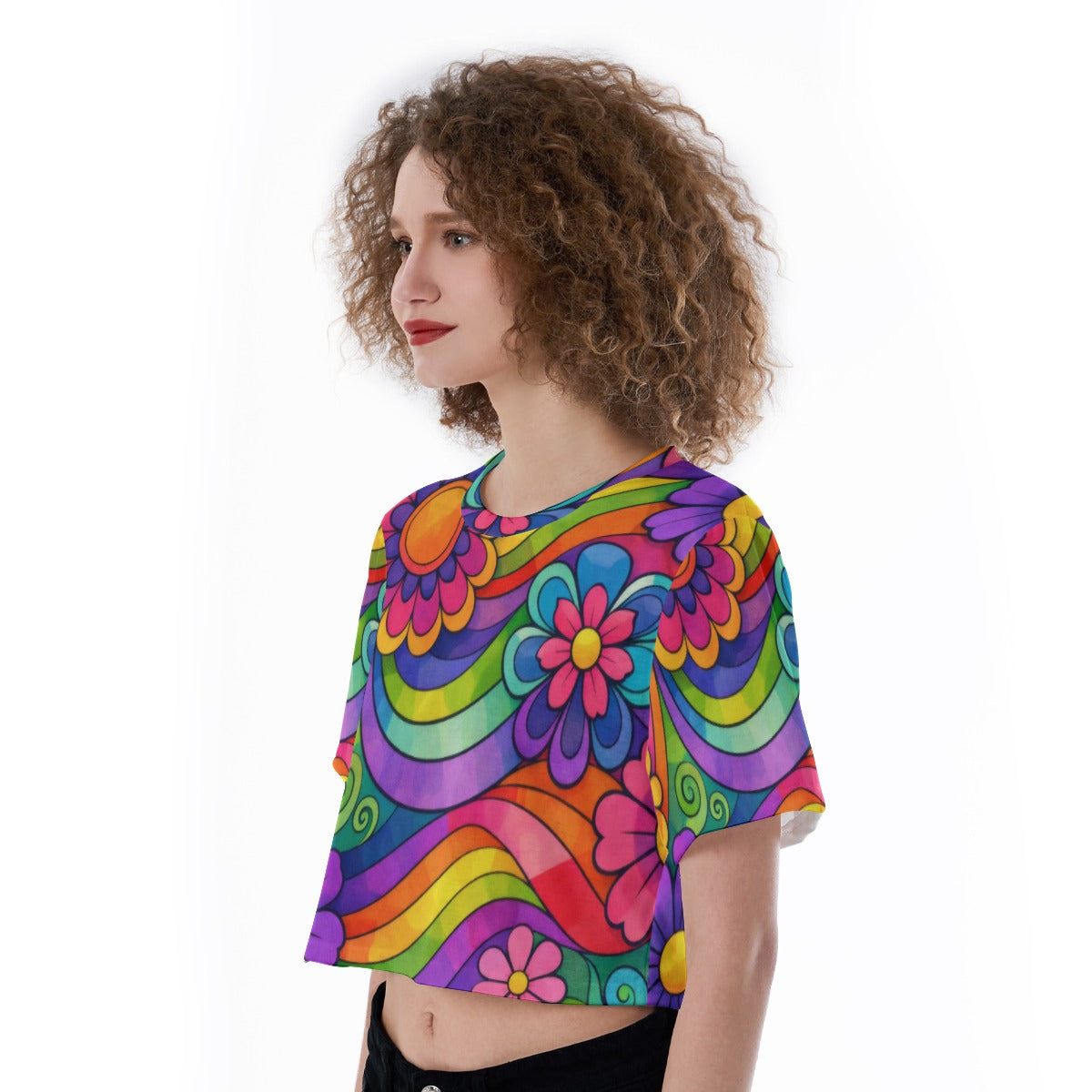 70s Rainbow Flower Power Women's Cropped T-Shirt | All-Over Print