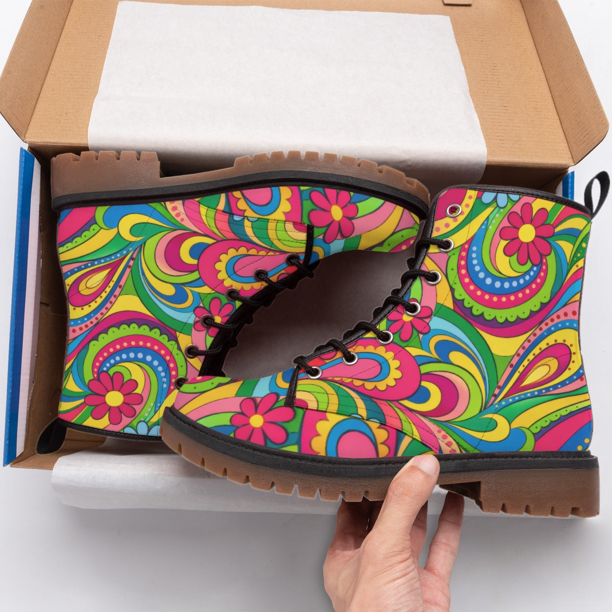 Psychedelic Paisley Neon Men's Martin Short Boots | 70s Groovy Rainbow Print