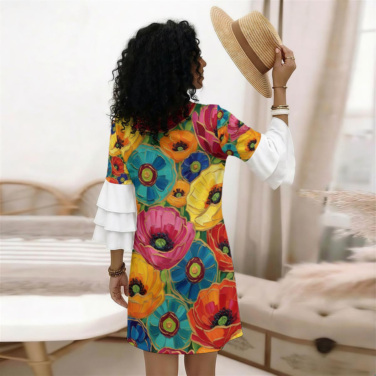 Oil Art Poppy Ruffle Sleeve Dress — Colorful Floral Red Blue Pink