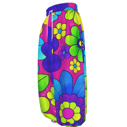 Bold Pop Art Floral Unisex Lantern Pants | 60s Mod Pink Purple Blue Print