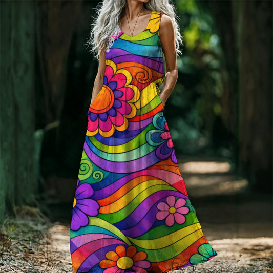Rainbow Wave Flower Power Women's Sleeveless Maxi Dress | 70s Psychedelic Groovy Print