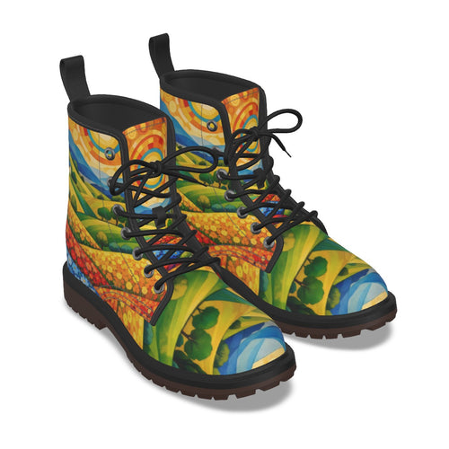 A pair of lace-up ankle boots with a vibrant, multicolored landscape print featuring green hills, yellow fields, and blue water, shown against a plain white background.
