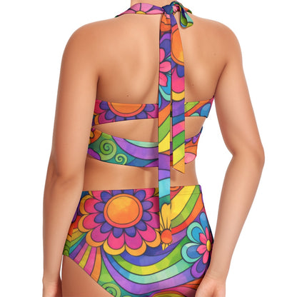 60s Flower Power Rainbow High-Waist Halter Bikini Set — Groovy Psychedelic Pin-Up