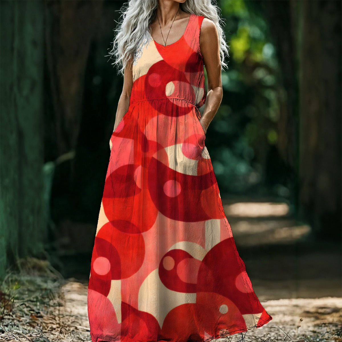 Red Geometric Circles Women's Sleeveless Maxi Dress | Bold Retro Dot Art Print