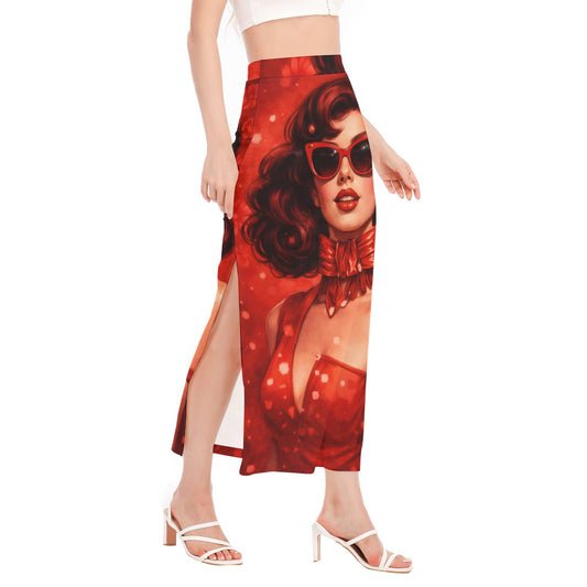 Vintage 60s Retro Red Pin-Up Girl Apparel All-Over Print Women's Side Slit Skirt