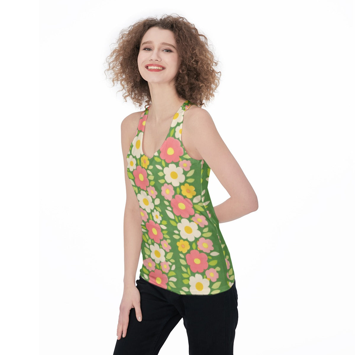 60s Vintage Green Floral Racerback Tank Top All-Over Print Women's Racerback Tank Top