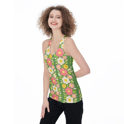 60s Vintage Green Floral Racerback Tank Top All-Over Print Women's Racerback Tank Top