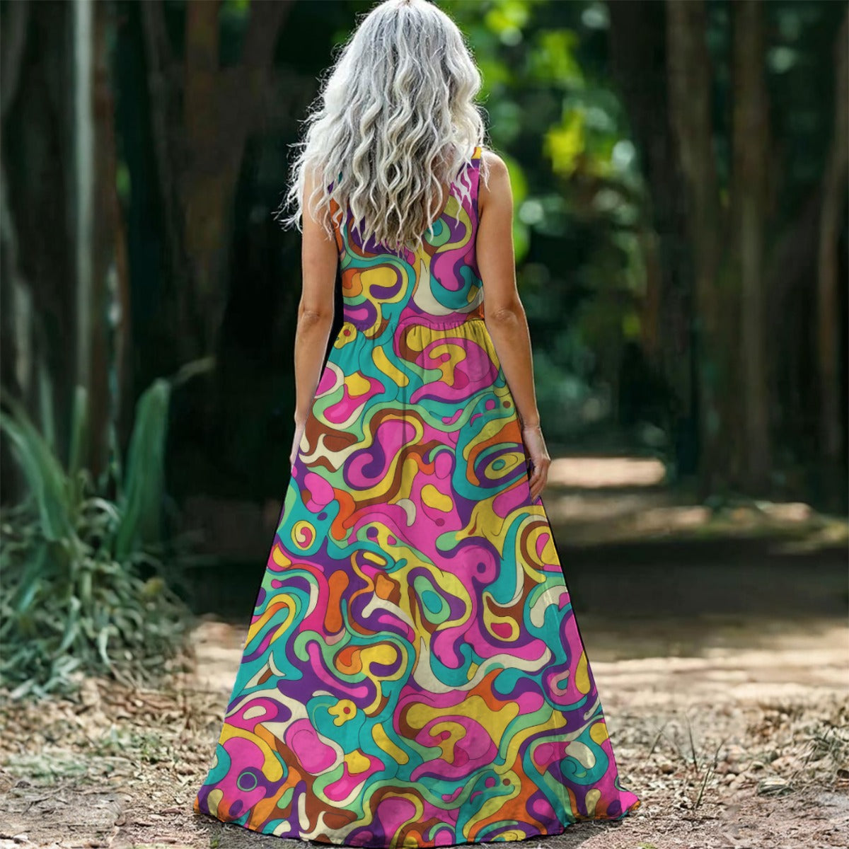 Psychedelic Abstract Swirl Maxi Dress — Pink Purple Teal 70s Print