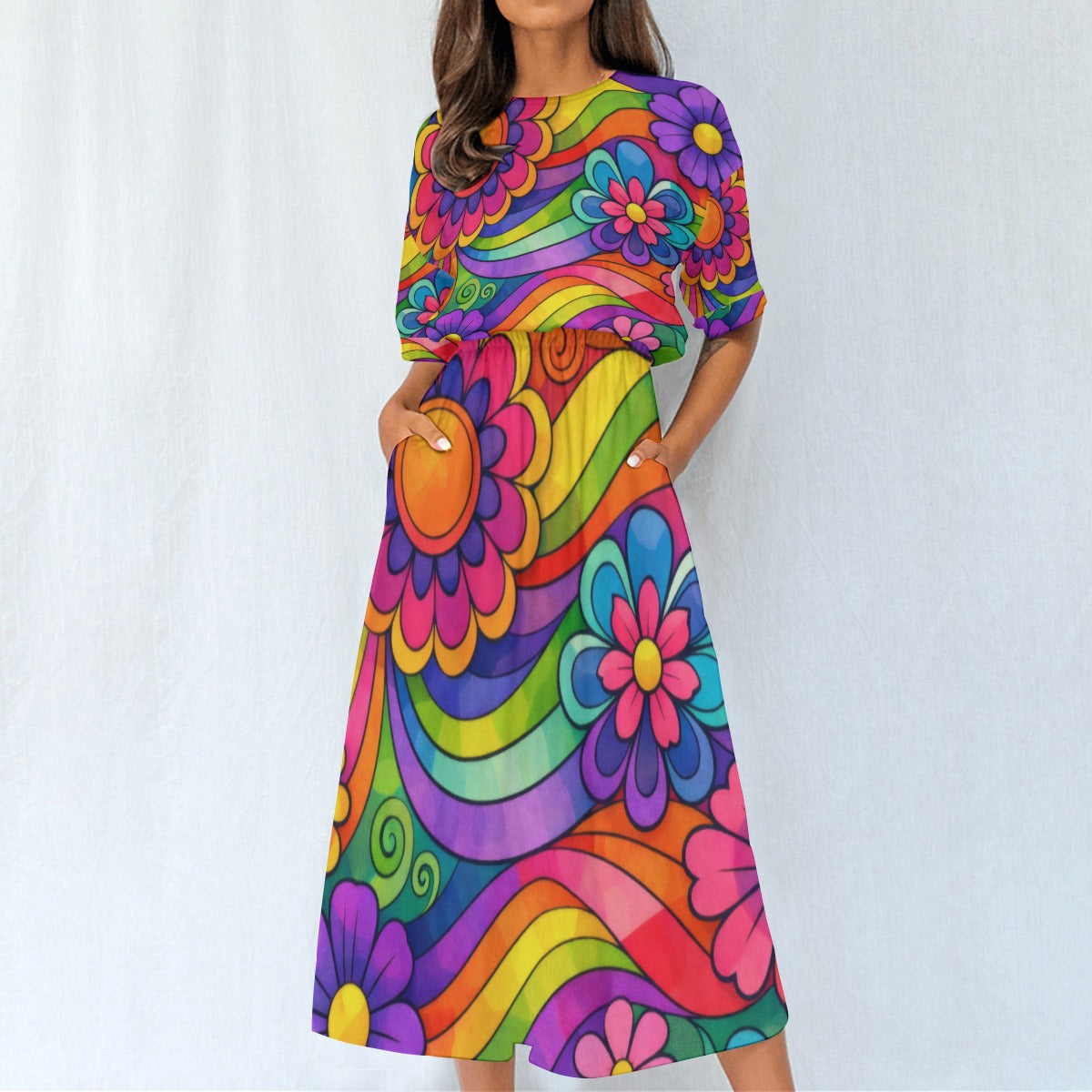 Rainbow Wave Flower Power Women's Elastic Waist Dress | 70s Psychedelic Groovy Print