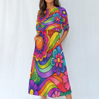 Rainbow Wave Flower Power Women's Elastic Waist Dress | 70s Psychedelic Groovy Print
