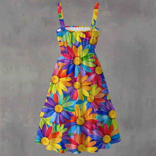 Rainbow Daisy Burst Women's Ruffle Hem Dress | Colorful Sunflower Floral Print