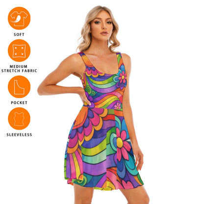 Rainbow Wave Flower Power Women's Tank Vest Dress | 70s Psychedelic Groovy Print