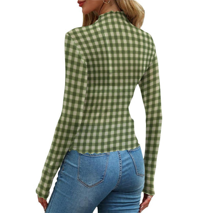 Green Gingham Check Women's Mesh T-Shirt | All-Over Print Long Sleeve