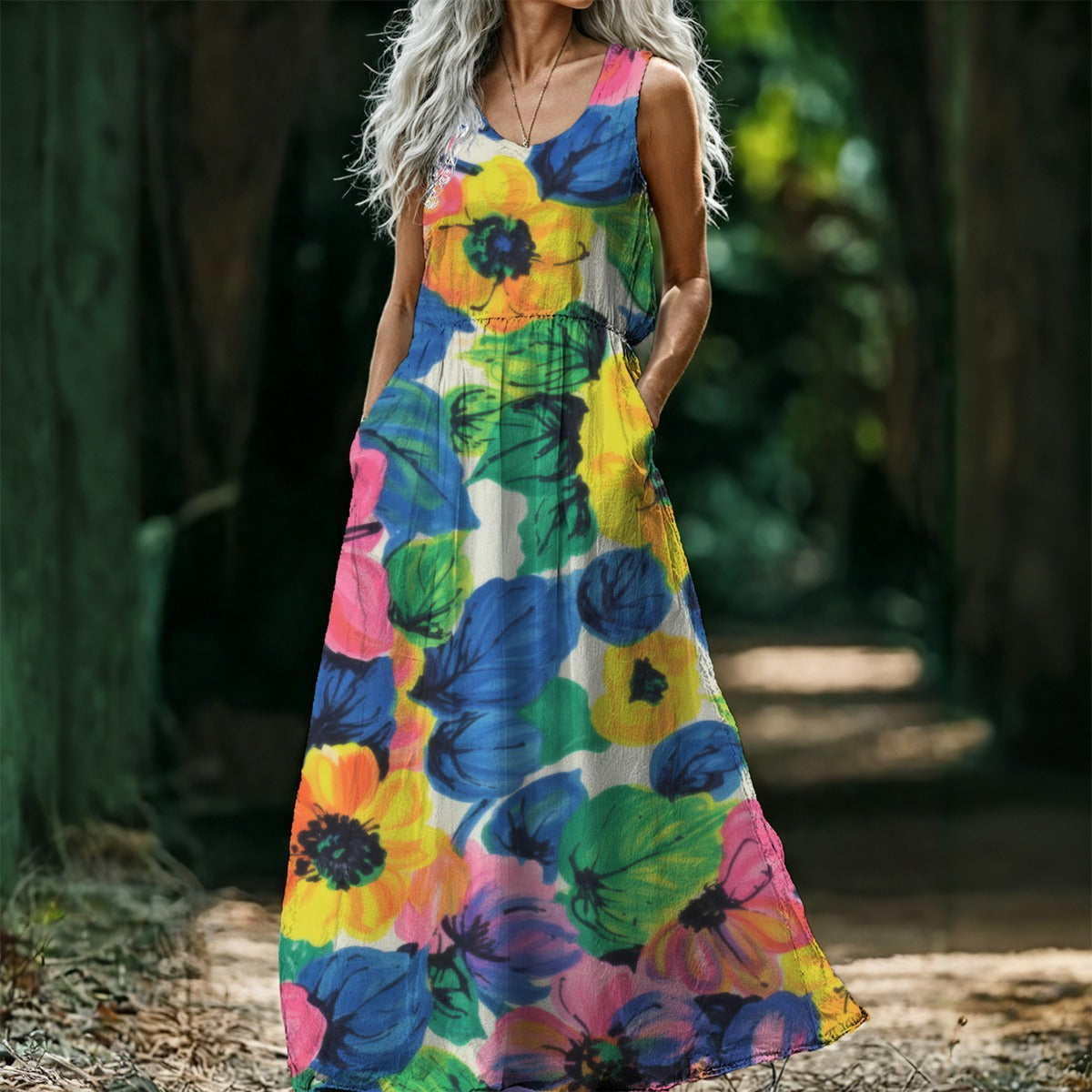 Abstract Floral Maxi Dress — Painterly Blooms in Blue Pink Yellow