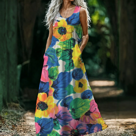 Abstract Floral Maxi Dress — Painterly Blooms in Blue Pink Yellow