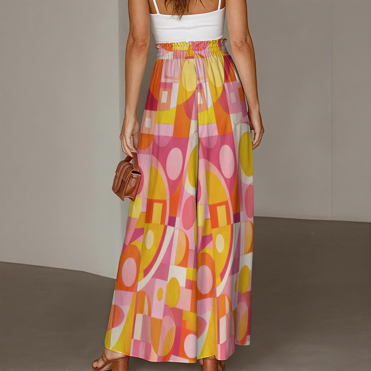 60s Geometric Abstract Wide-Leg Pants All-Over Print Women's Ruffled Wide-Leg Pants
