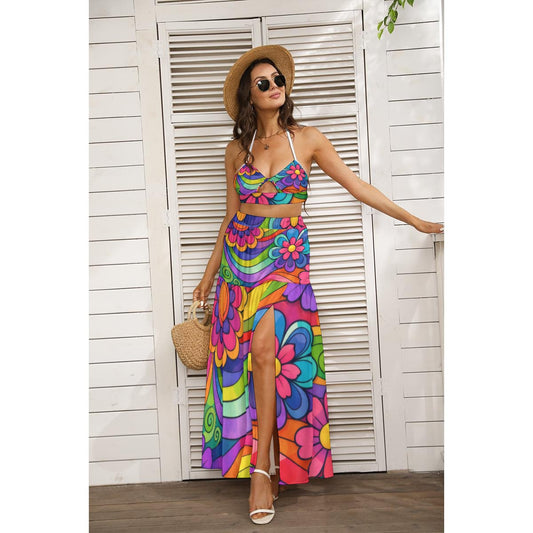60s Rainbow Swirl & Flowers Tie Back Wrap Dress — Backless Maxi with Side Slit