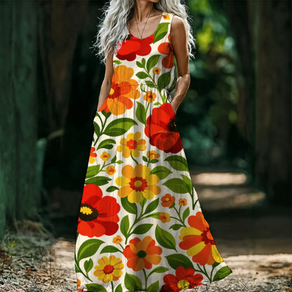 Retro Garden Floral Women's Sleeveless Maxi Dress | 60s Orange Red Flower Print