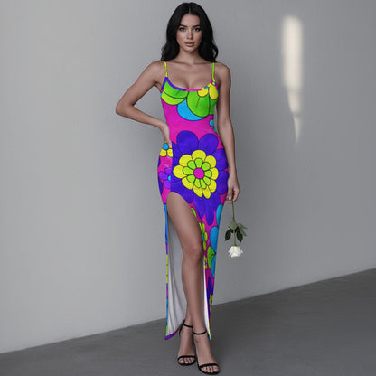 Giant Pop Art Flowers Women's Long Dress with Slit | Bold Neon Purple Pink Green Bodycon Maxi
