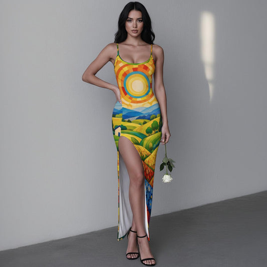 Sunny Countryside Art Women's Long Dress with Slit | Artistic Landscape Bodycon Maxi