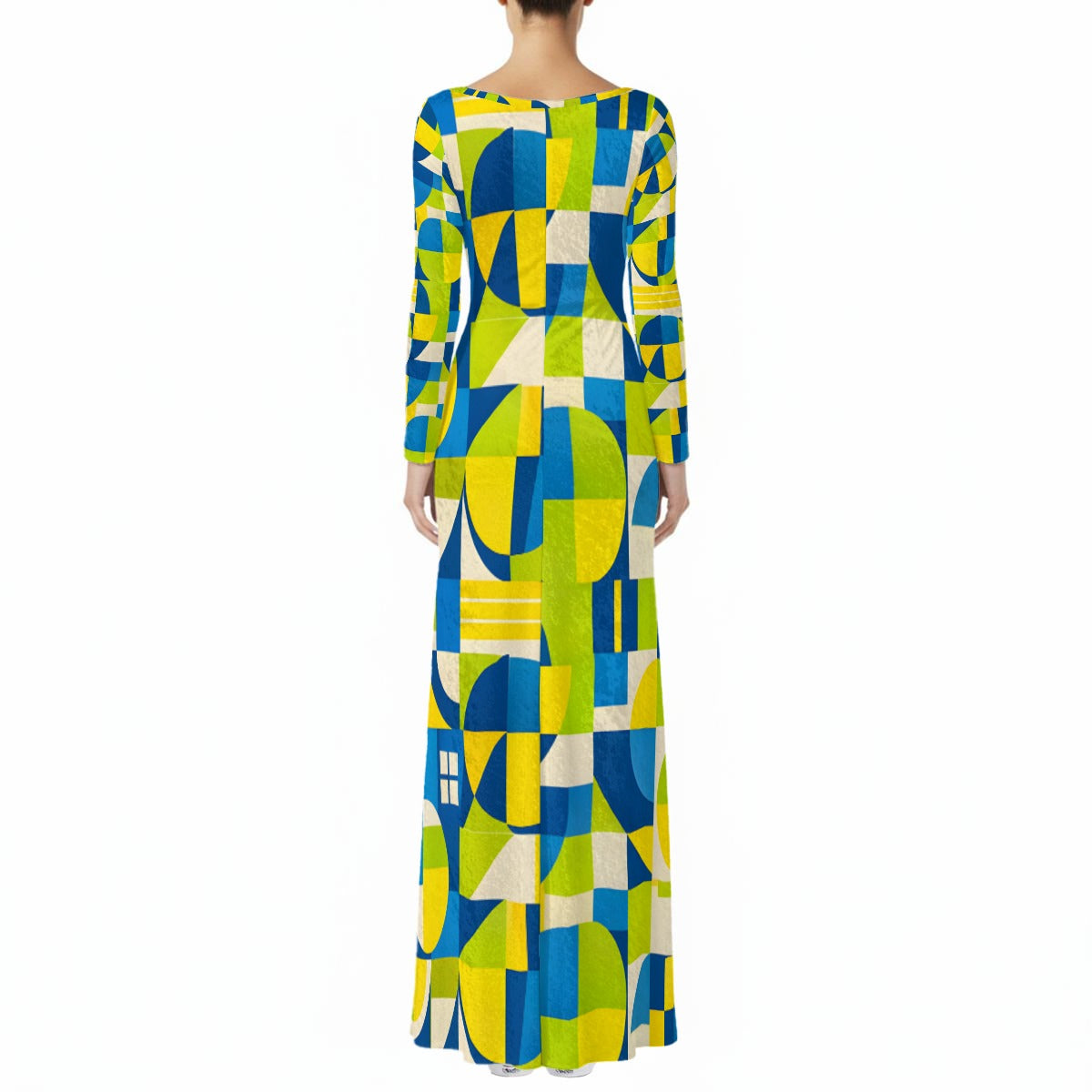 Bauhaus Geometric Maxi Dress — Bold Blue Yellow Green Print